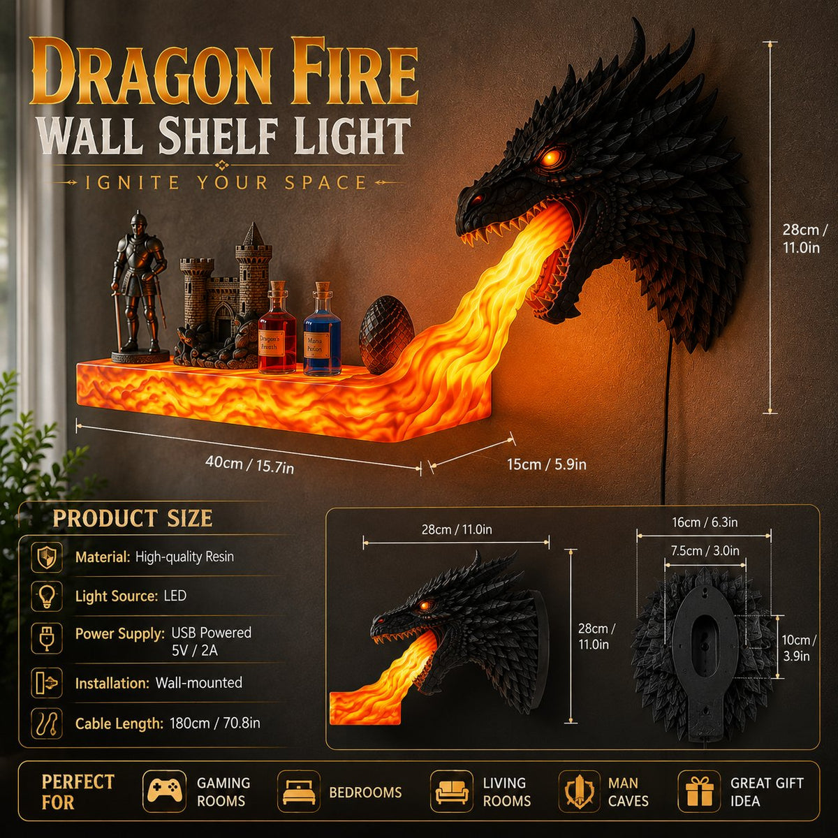 🐲 50% OFF Today! Remote-Control Dragonfire Shelf for Epic Room Decor