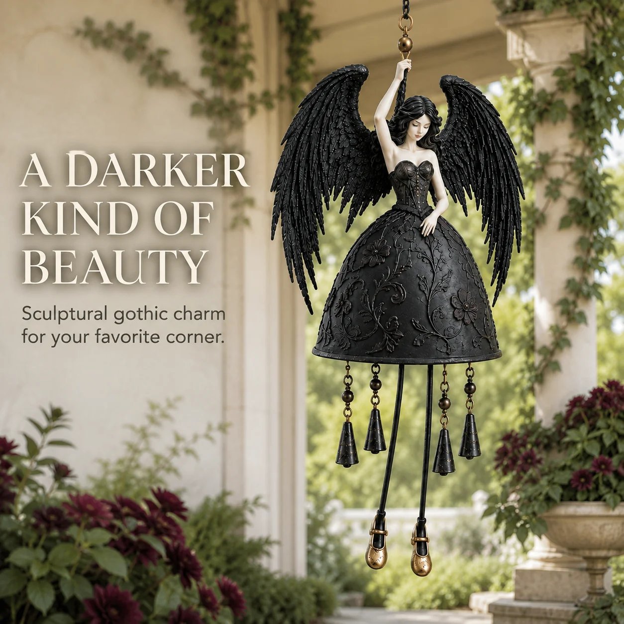 🖤 Dark Angel Gothic Wind Chime | Dramatic Black-Wing Garden Accent with Gentle Chimes for Porches, Patios, Balconies & Year-Round Gothic Décor 🪽