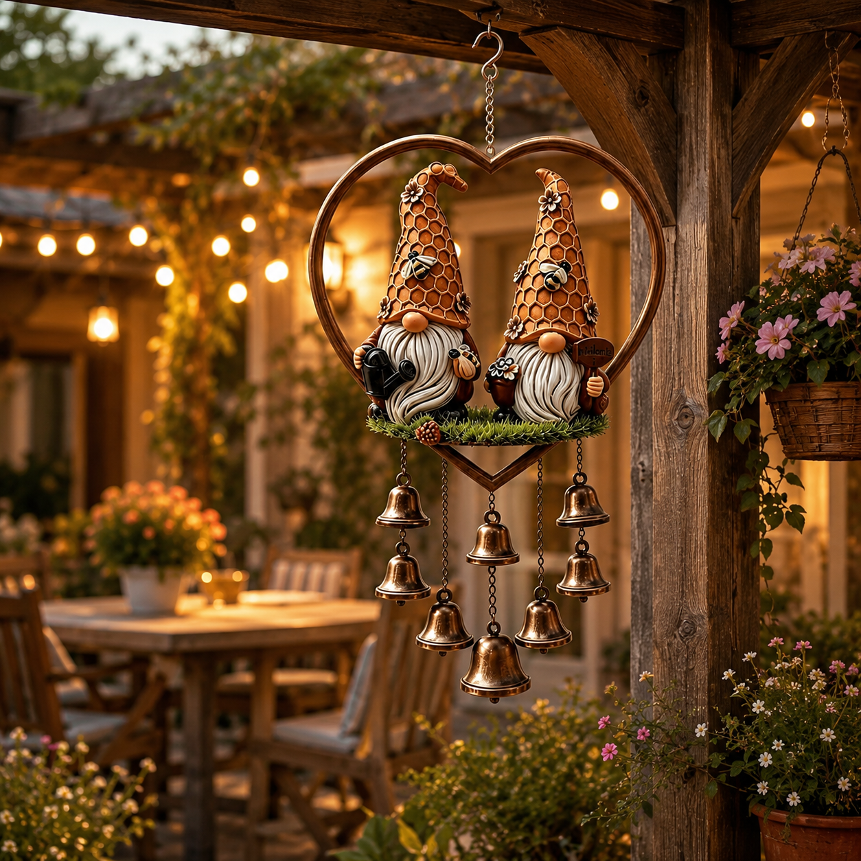 Heart-Shaped Couple Wind Chime – Cardinal & Honeybee Gnome Outdoor Hanging Decor