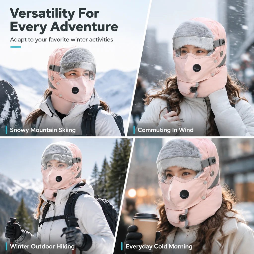 5-in-1 thermal winter ushanka in outdoor winter settings