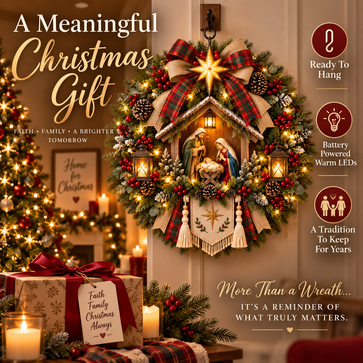 ⏳ Last Day 50% OFF – Bethlehem Star Lighted Nativity Christmas Wreath 🎄