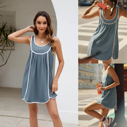Women's Contrast Trim Sleeveless Swing Dress, Casual Loose Fit Crew Neck Mini Dress, Summer A-Line Tunic Dress for Beach & Daily Wear, Sizes XS-XXXL