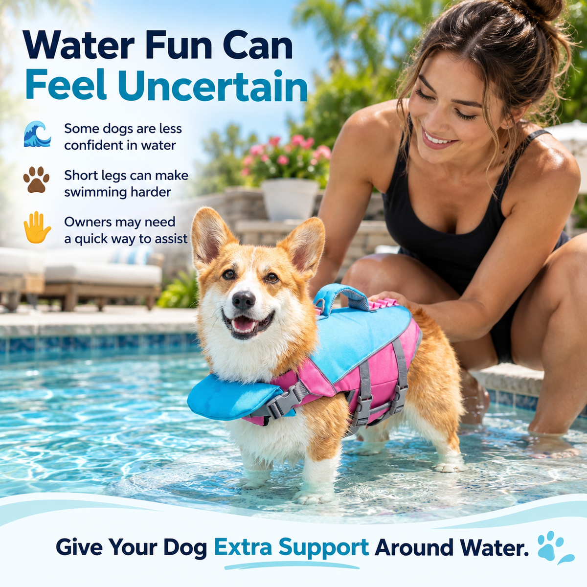 Dog wearing life vest by a swimming pool