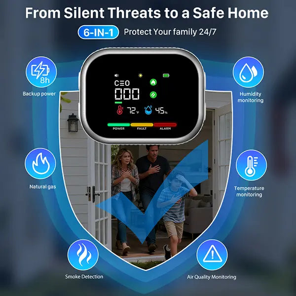6-in-1 Portable Detector with Natural Gas & Temperature Humidity Sensors