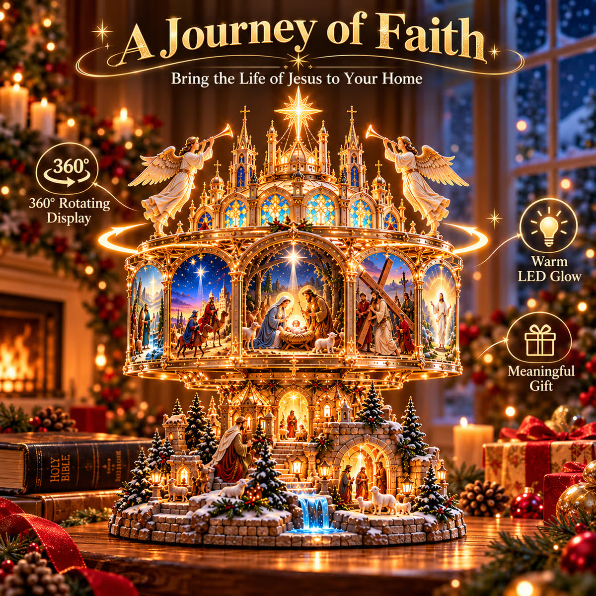 🔥LAST DAY 49% OFF✝️✨ Journey of Faith™ – 360° Rotating Lighted Bible Story Nativity Display with Angelic Cathedral & Sacred Scenes