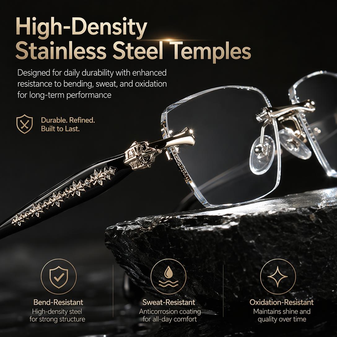 Rimless Diamond-Cut Glasses – Stainless Steel Temple, Unisex