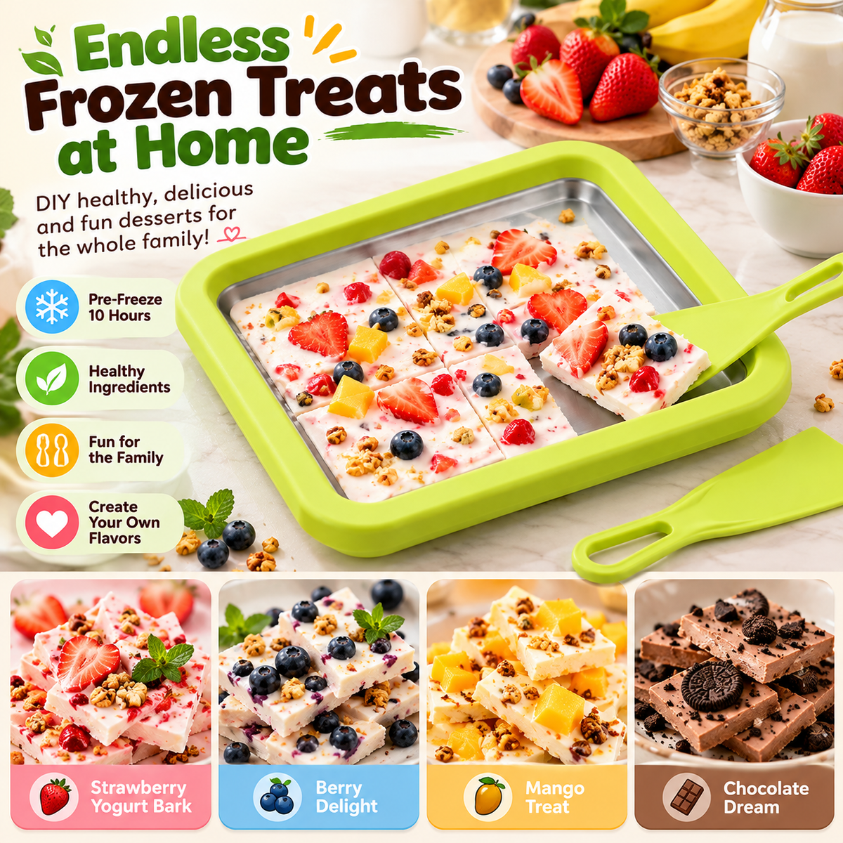 🍓 DIY Ice Cream & Frozen Yogurt Maker – Pre-Freeze Stainless Steel Tray with Scrapers