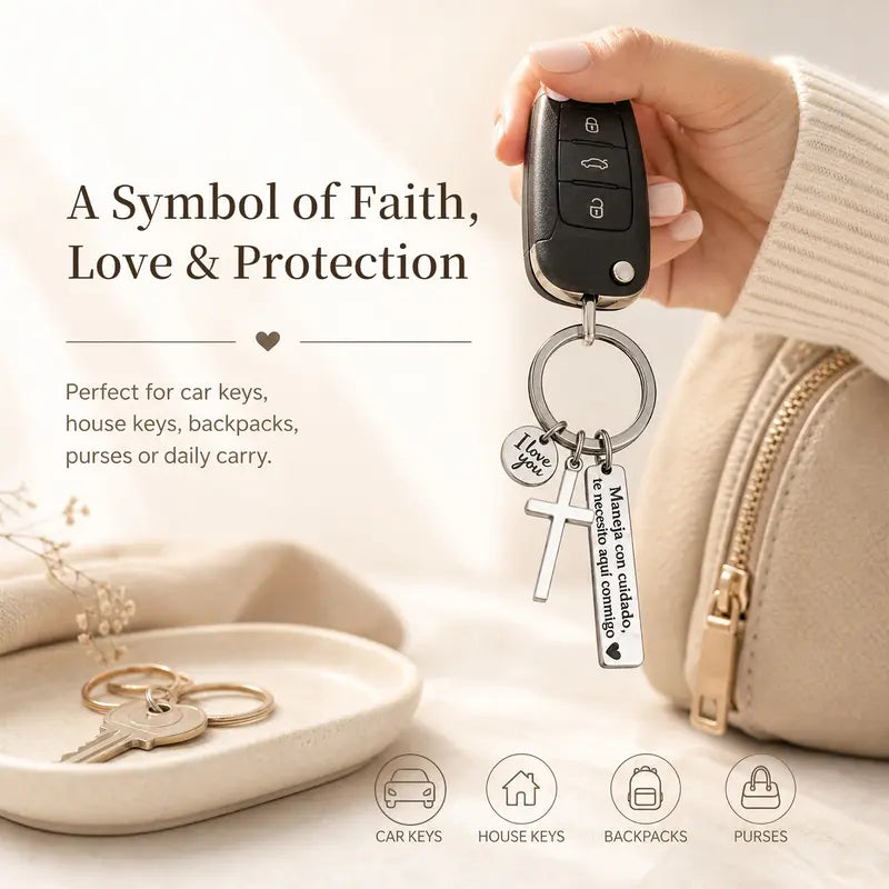 Maneja Con Cuidado Te Necesito Aquí Conmigo Keychain with Cross & "I Love You" Charm