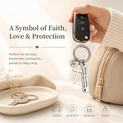 Maneja Con Cuidado Te Necesito Aquí Conmigo Keychain with Cross & "I Love You" Charm