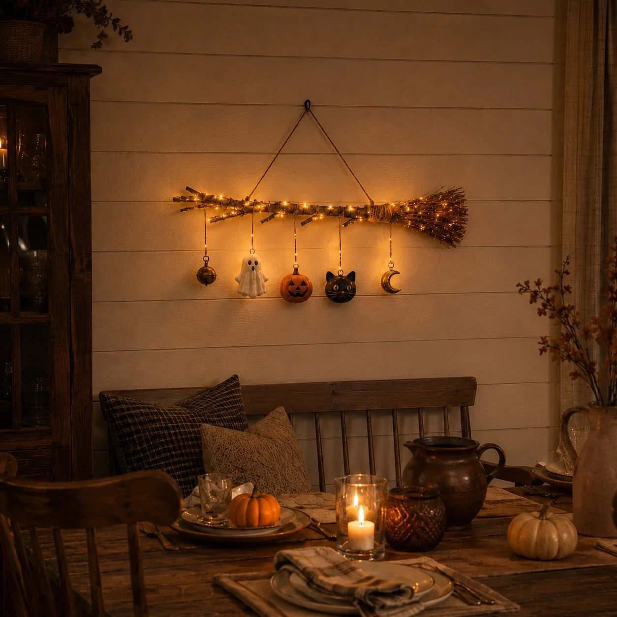 🍂 Rustic Twig Lighted Broom | Handcrafted Fall Wall Hanging with Warm LED Glow & Spooky-Cute Charms 🏡