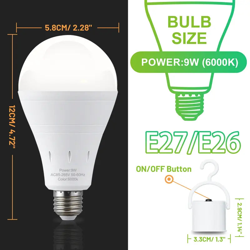 Rechargeable Emergency Light Bulbs Battery Powered LED Light Bulb 6400K Daylight E26 120 Volt 9W 60W Equivalent with 1200mAh