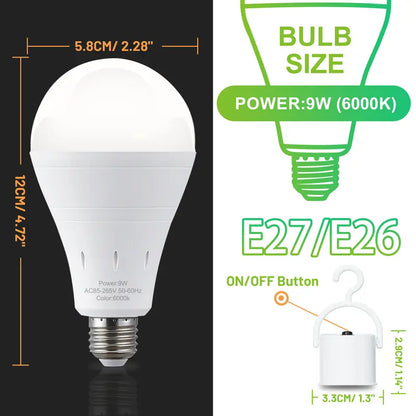 Rechargeable Emergency Light Bulbs Battery Powered LED Light Bulb 6400K Daylight E26 120 Volt 9W 60W Equivalent with 1200mAh