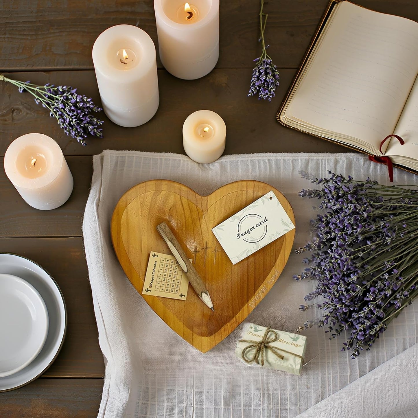 ✝️Inspirational❤️ Wooden Heart Shaped Prayer Bowl Set – Handcrafted Religious Gift