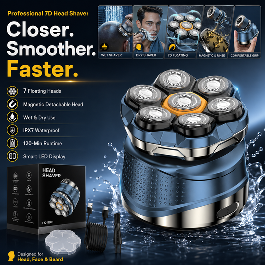 🔥 Professional 7D Magnetic Head Shaver for Men – IPX7 Wet & Dry Rotary Bald Shaver with 120-Min Runtime