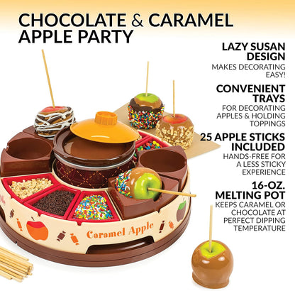 🍫Nostalgia Lazy Susan Chocolate & Caramel Apple Party with Heated Fondue Pot, 25 Sticks, Decorating and Toppings Trays