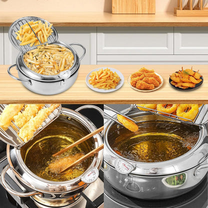 🍟 Stainless Steel Deep Fryer Pot with Thermometer & Frying Basket – Easy Home Frying