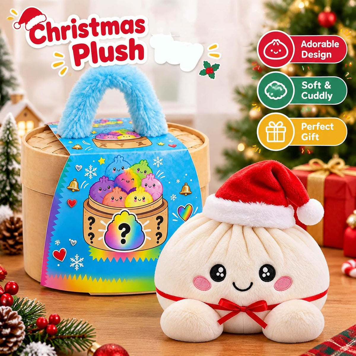 🌈Cute Plush Stuffed Dumpling Squishies, Big Rainbow Squishes with Steamer🎁