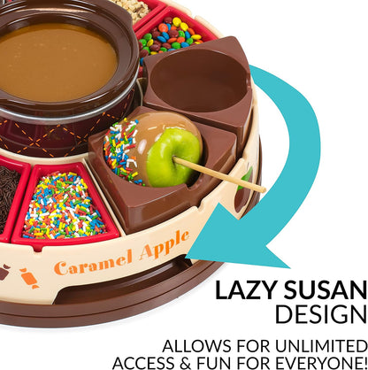 🍫Nostalgia Lazy Susan Chocolate & Caramel Apple Party with Heated Fondue Pot, 25 Sticks, Decorating and Toppings Trays