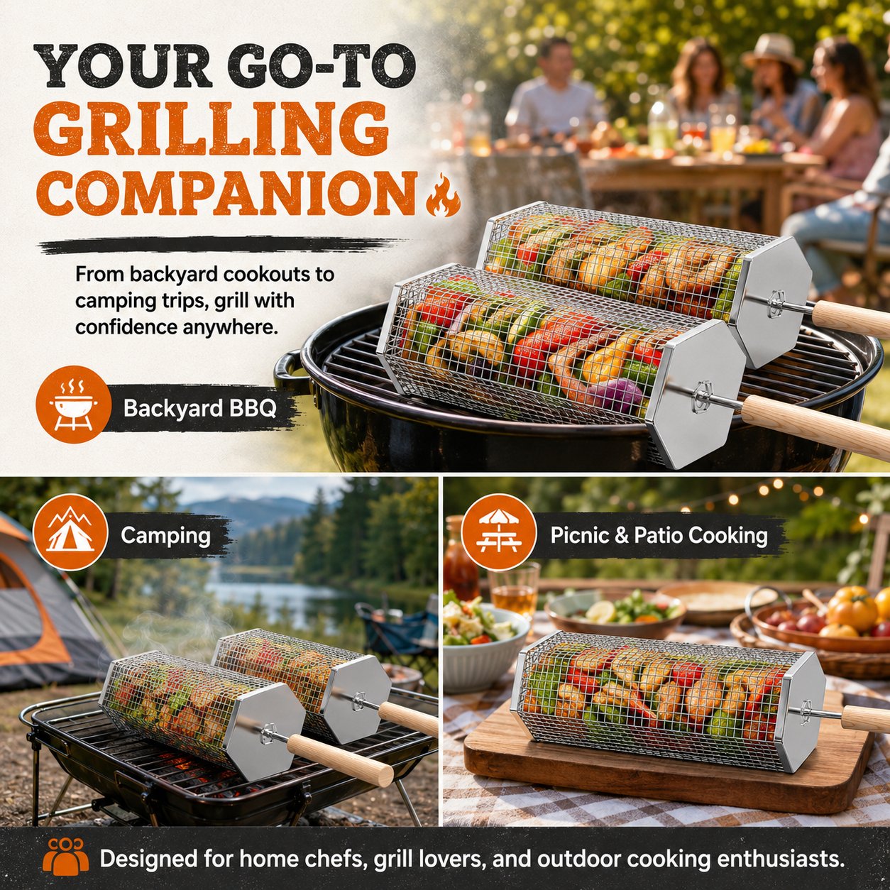 🍢 Rolling Grill Baskets (2-Pack) | No More Burnt Veggies—Grill Perfectly Every Time! 🔥