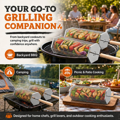 🍢 Rolling Grill Baskets (2-Pack) | No More Burnt Veggies—Grill Perfectly Every Time! 🔥