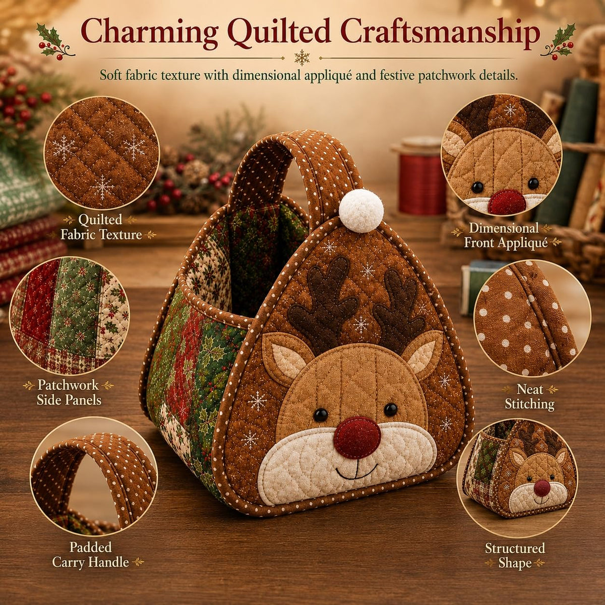 🎄 Christmas Quilted Carry Basket – DIY Sewing Kit & Finished Basket 🎁