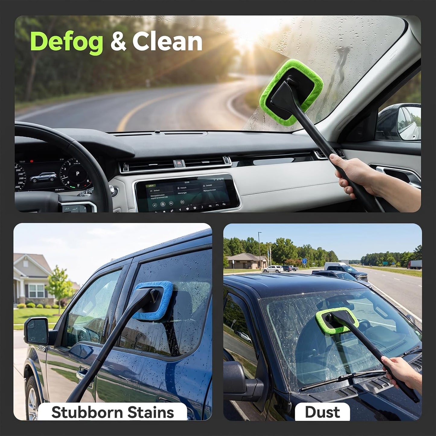 Car Inside Windshield Cleaning Tool with 4 Washable and Reusable Microfiber Pads