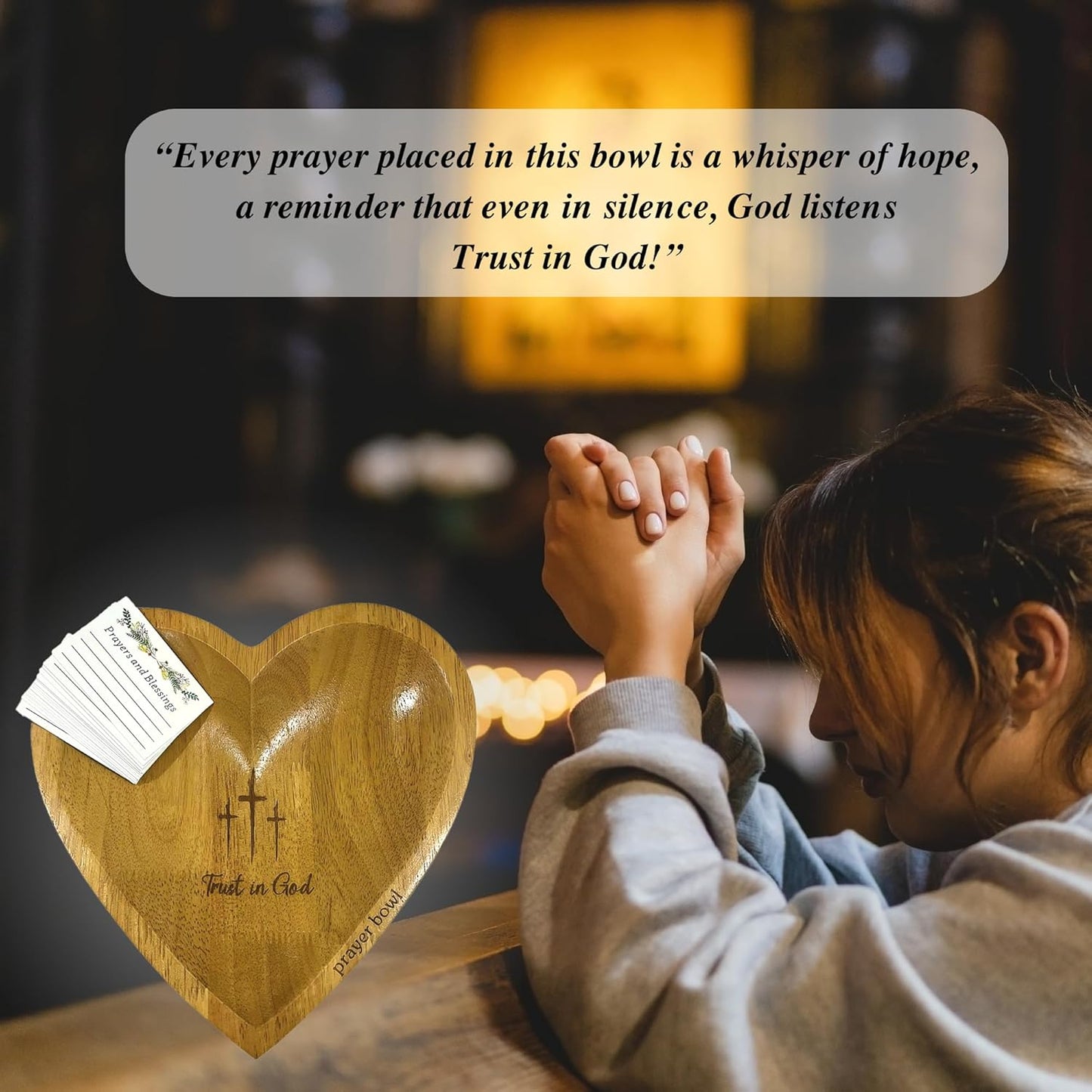 ✝️Inspirational❤️ Wooden Heart Shaped Prayer Bowl Set – Handcrafted Religious Gift