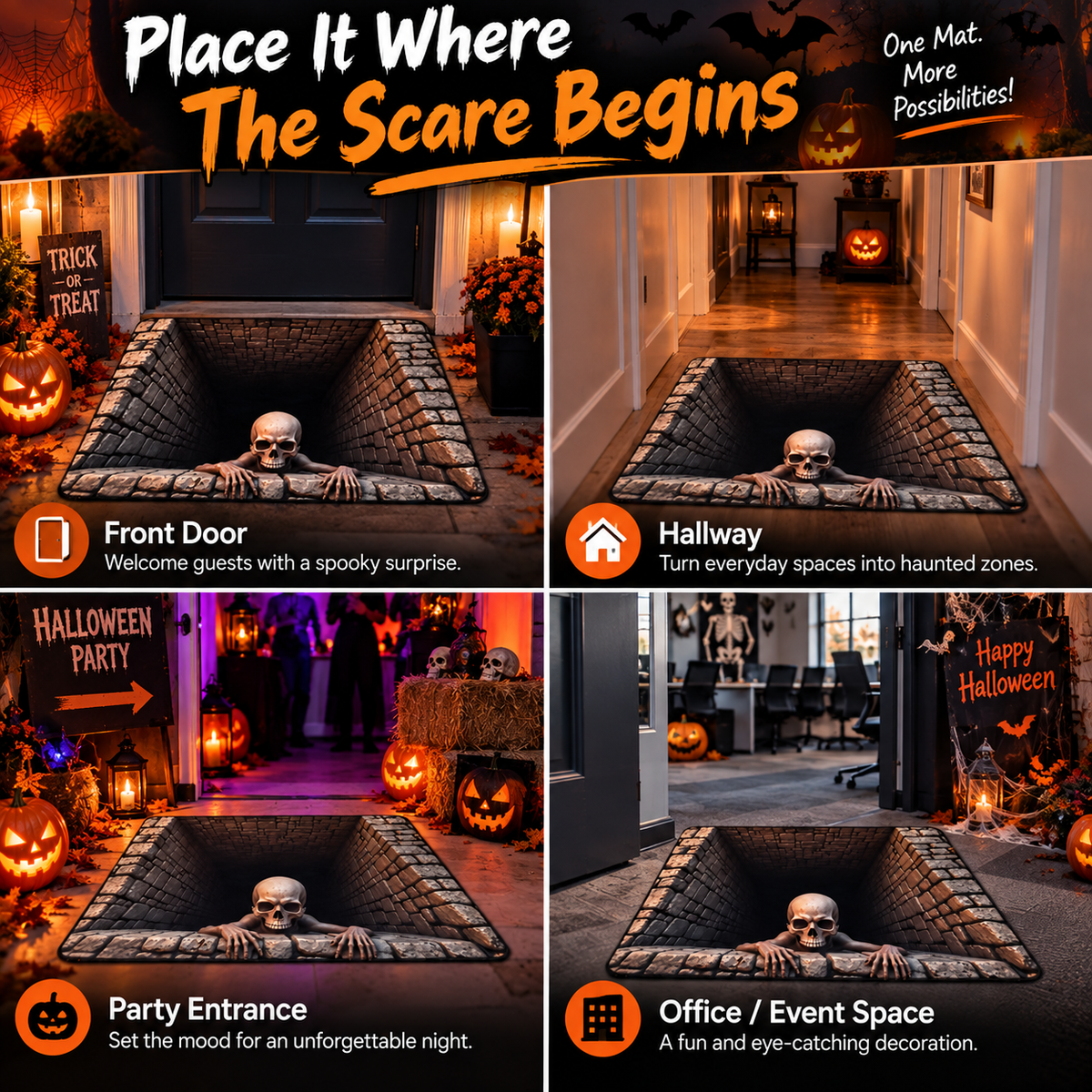 💀 3D Skull Trap Door Illusion Mat – Spooky Halloween Entrance Decor