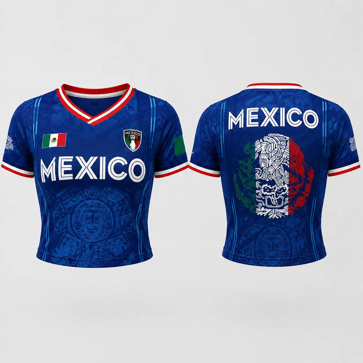 Women's Green V-Neck Football Jersey - Aztec Calendar Pattern Short-Sleeved Fan Top for 5th May Holiday Season