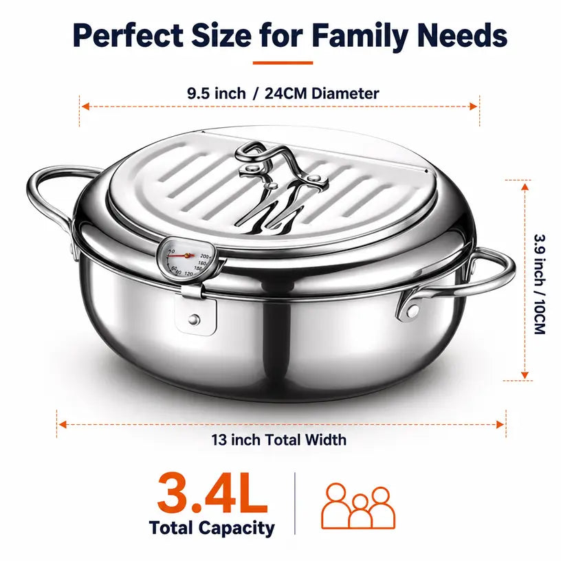 304 Grade Stainless Steel Deep Fryer Pot - Japanese Style, with Thermometer, Oil Drip Drainer Rack, Temp Control, Induction Safe for Gas Stoves, French Fries, Chicken Wings