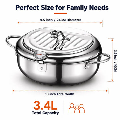 304 Grade Stainless Steel Deep Fryer Pot - Japanese Style, with Thermometer, Oil Drip Drainer Rack, Temp Control, Induction Safe for Gas Stoves, French Fries, Chicken Wings