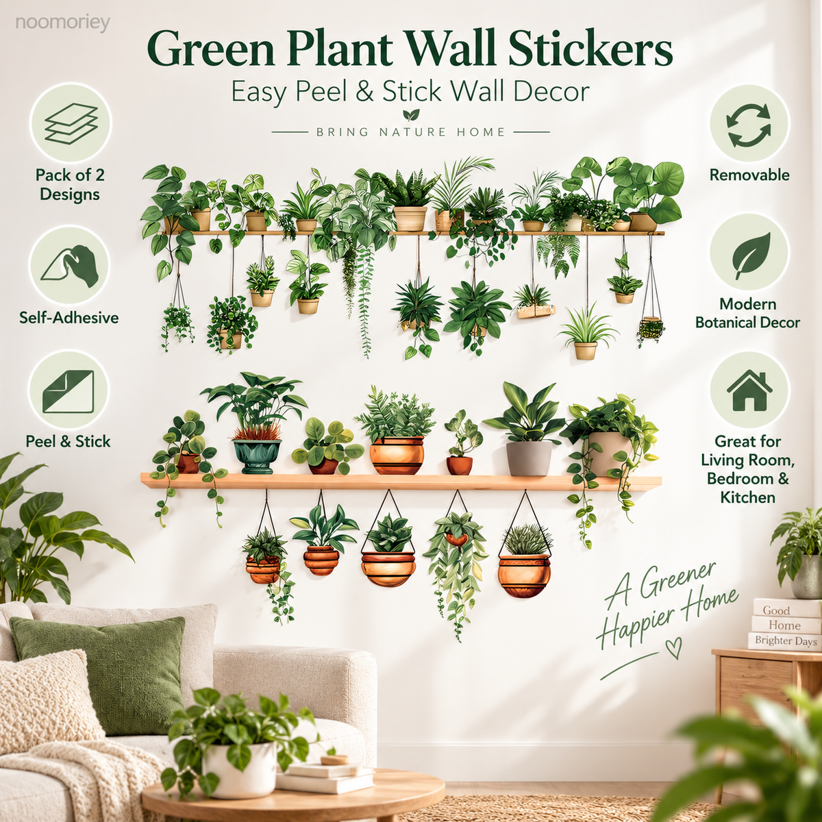 🌿 Botanical Shelf Wall Stickers – 2-Piece Self-Adhesive Plant Decor