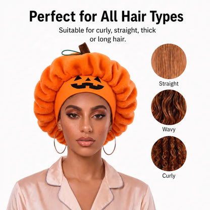 🎃 Pumpkin Sleep Bonnet – Fluffy Jack-O’-Lantern Hair Cap for Cozy Nights, Skincare & Halloween Fun