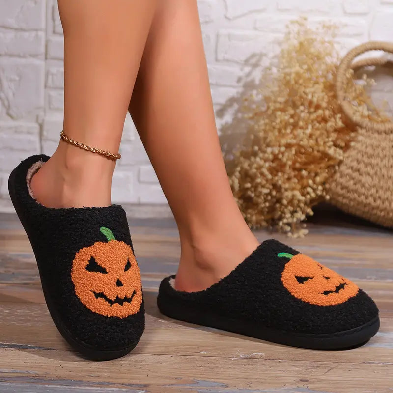 Women Men Comfy Faux Fur Lined Skull Pumpkin Plush Slippers