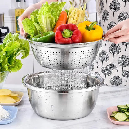 3-In-1 Stainless Steel Multi-Functional Strainer Set, Includes Basin/sieve/cutter