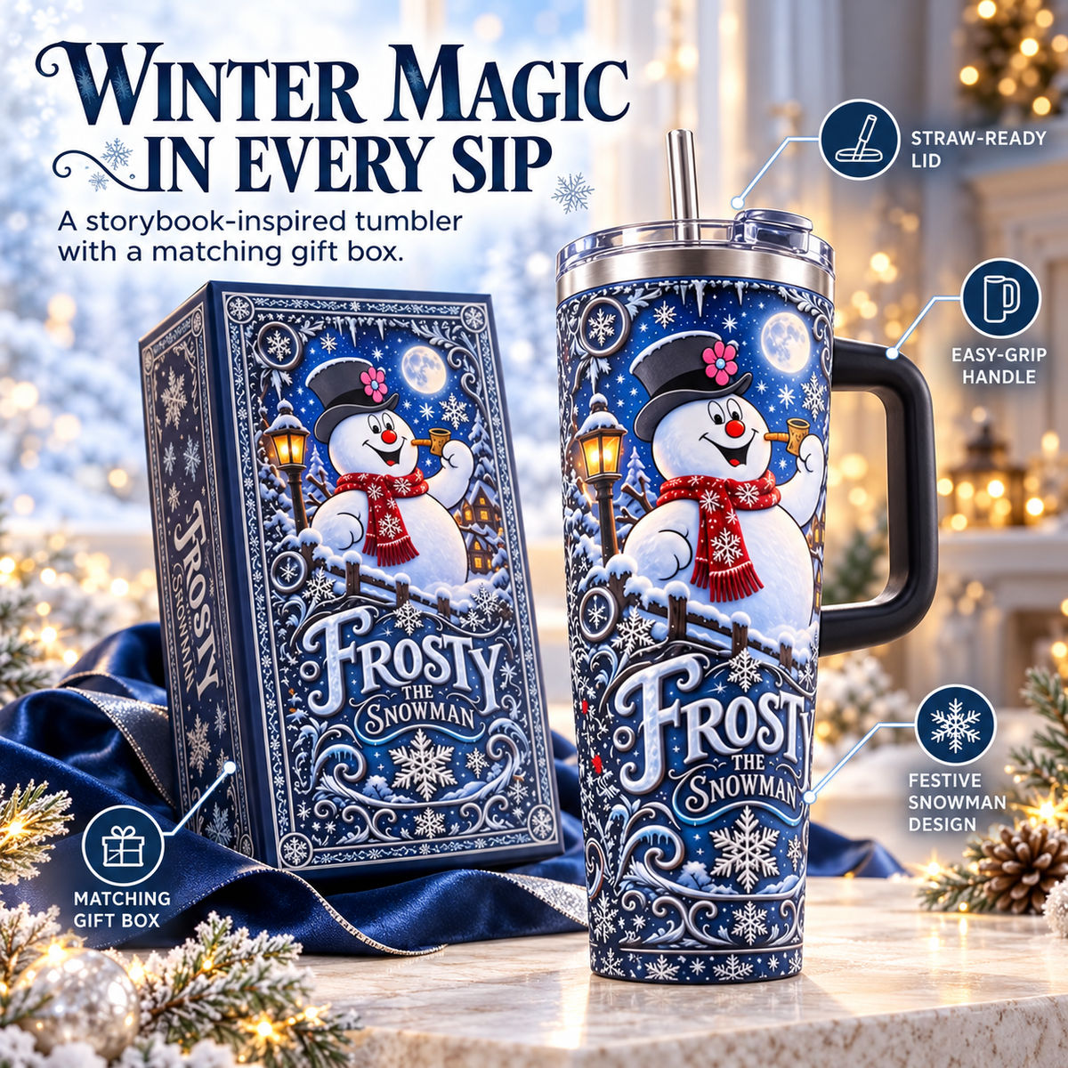 ☃️Winter Snowman Travel Tumbler with Handle & Straw – Matching Gift Box🥤