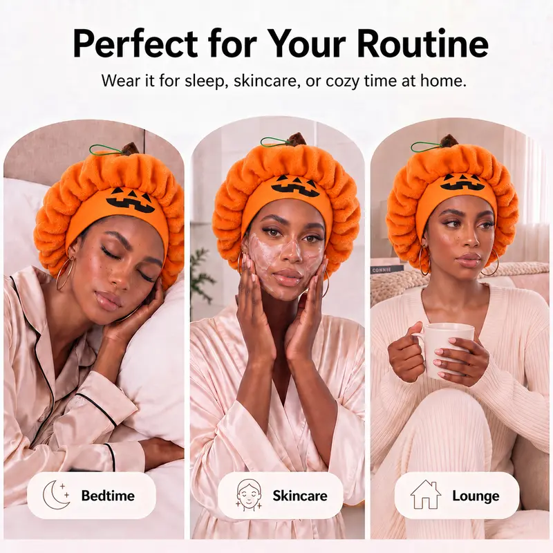 Pumpkin Sleep Cap Halloween Plush Hair Bonnet Elastic Jack O Lantern Sleep Cap Fluffy Head Wrap for Skincare Makeup Night Sleep Holiday Party Wear Band Sleep Cap Silk