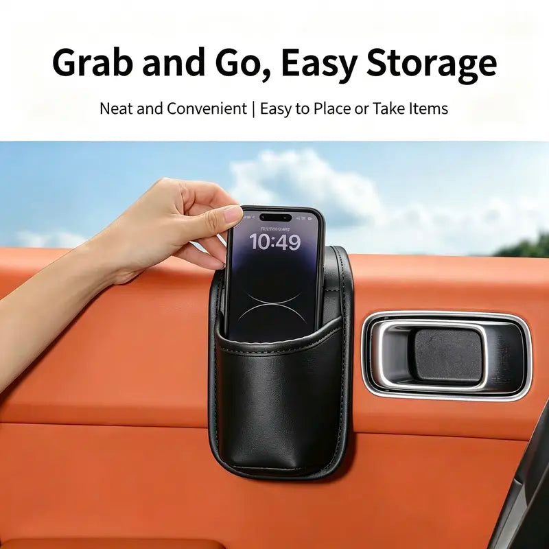Leather car door storage pocket - double-layer compartments, scratch-proof flannel lining, residue-free adhesive