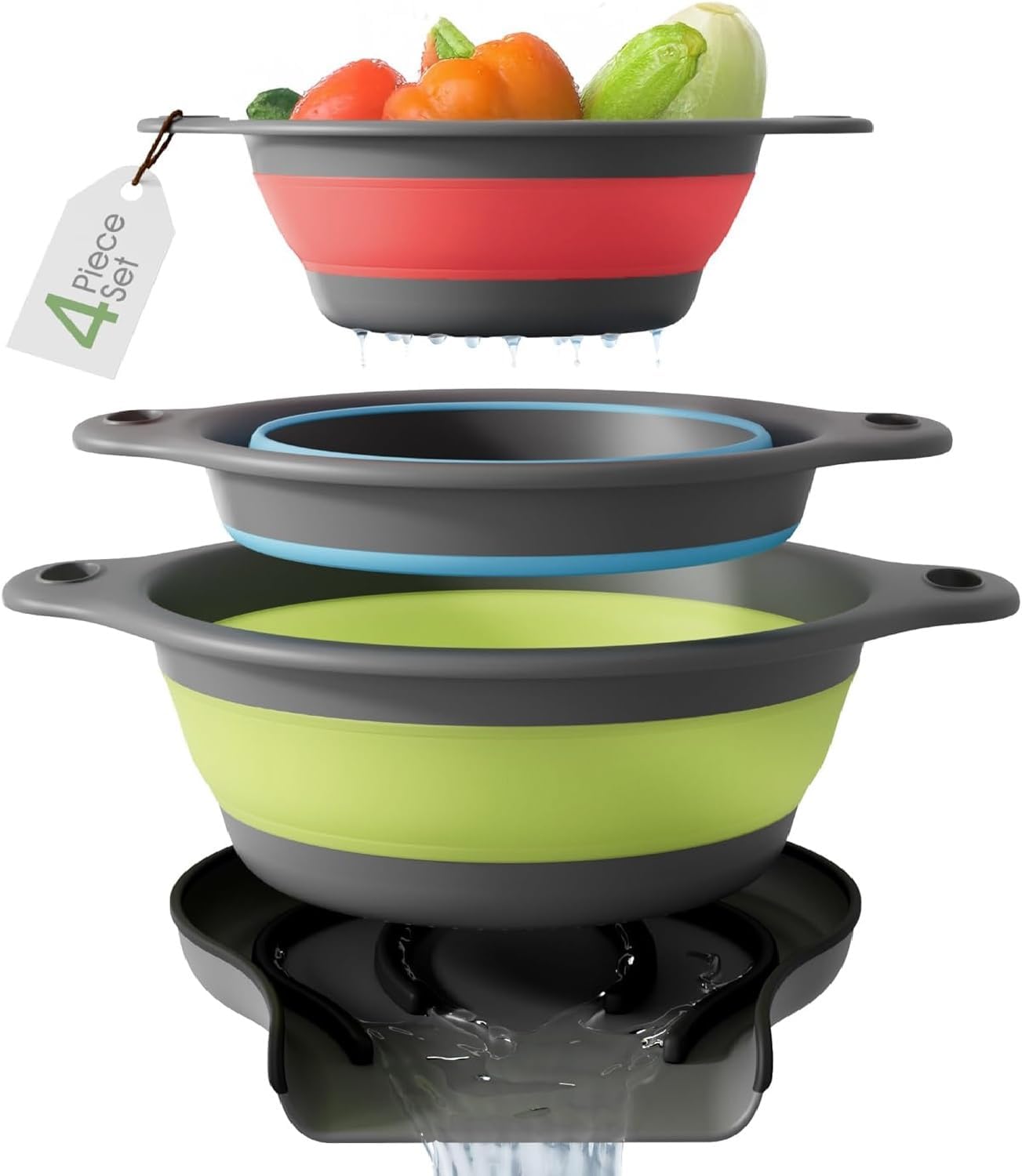 Collapsible Colanders with Self-Draining Base (4PC Set)