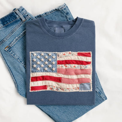 Retro American Flag Shirt, Faux Patchwork USA Tee, Digital Print Shirt, 4th of July Shirt