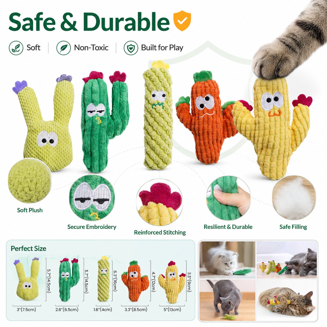 🌵 5 Pack Organic Catnip Cactus Cat Toys | Soft Plush Chew Toys for Indoor Kittens & Adult Cats! 🐱