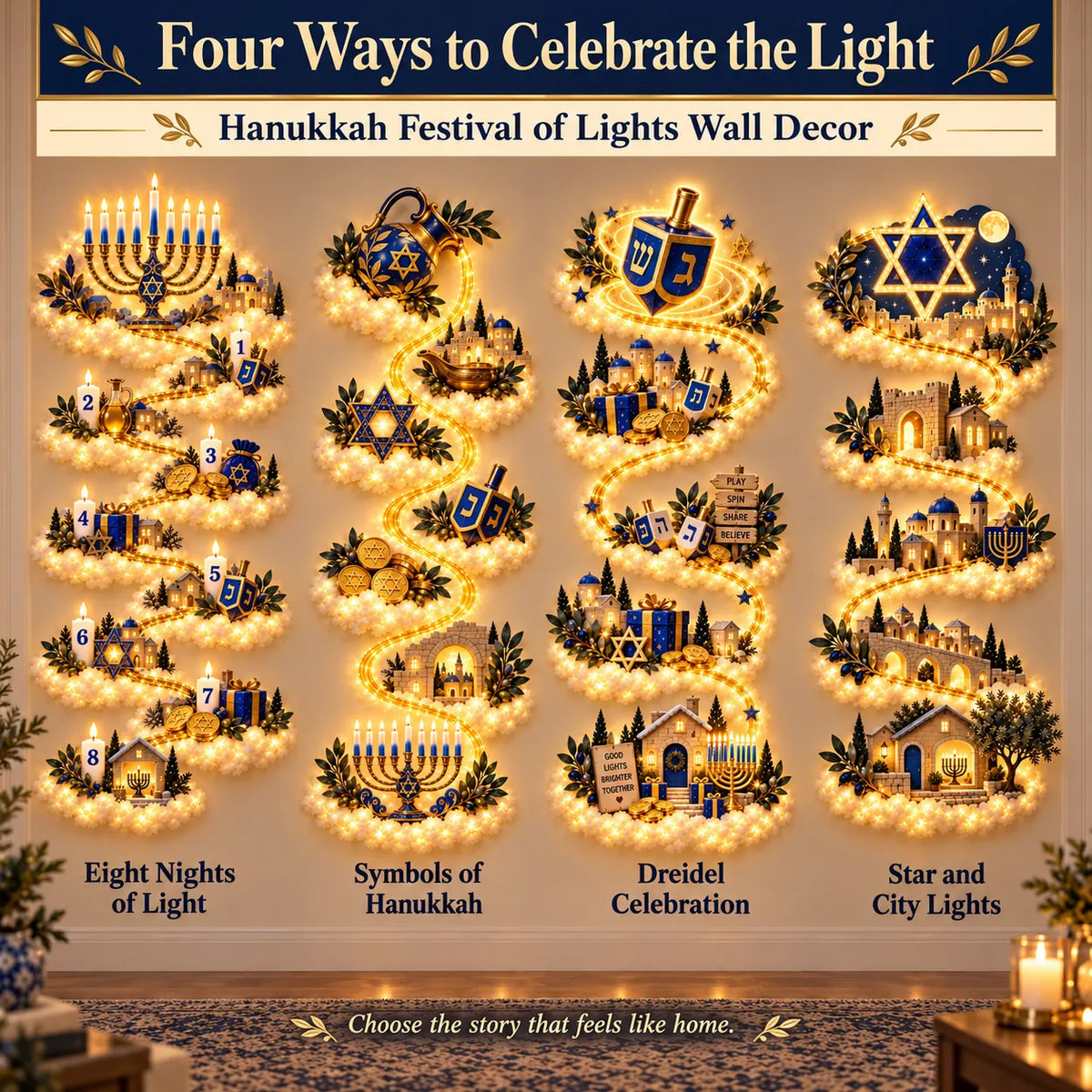 🔥🎁🕎 Hanukkah Festival of Lights Wall Decor Collection – 4 Glowing Designs Celebrating Eight Nights of Light ！！！✨