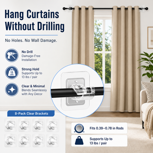 8PCS No-Drill Self-Adhesive Curtain Rod Brackets – Heavy Duty Wall Hooks for Curtain Rods, Damage-Free Installation