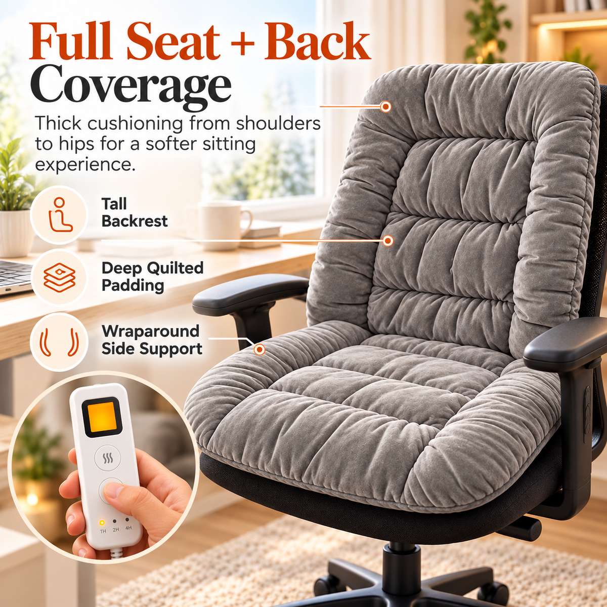 🔥🪑 Cozy Heated Office Chair Cushion ✨ Plush Quilted Seat & Back Warmer with Remote Control ⏱️❄️ Soft Comfort for Home & Office 💖🌈 6 Colors Available!