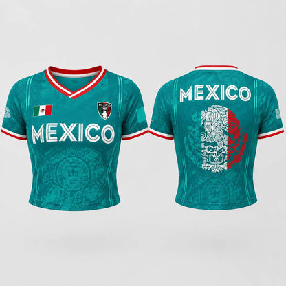 Women's Green V-Neck Football Jersey - Aztec Calendar Pattern Short-Sleeved Fan Top for 5th May Holiday Season