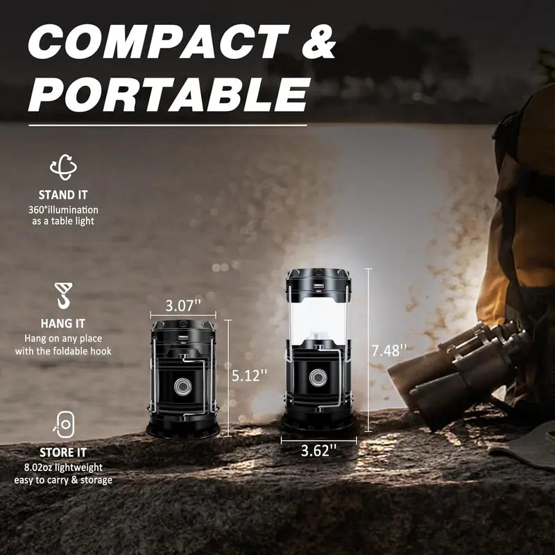 Solar Camping Lantern - Rechargeable LED Lights, Magnetic Base & Foldable Hanging Hook