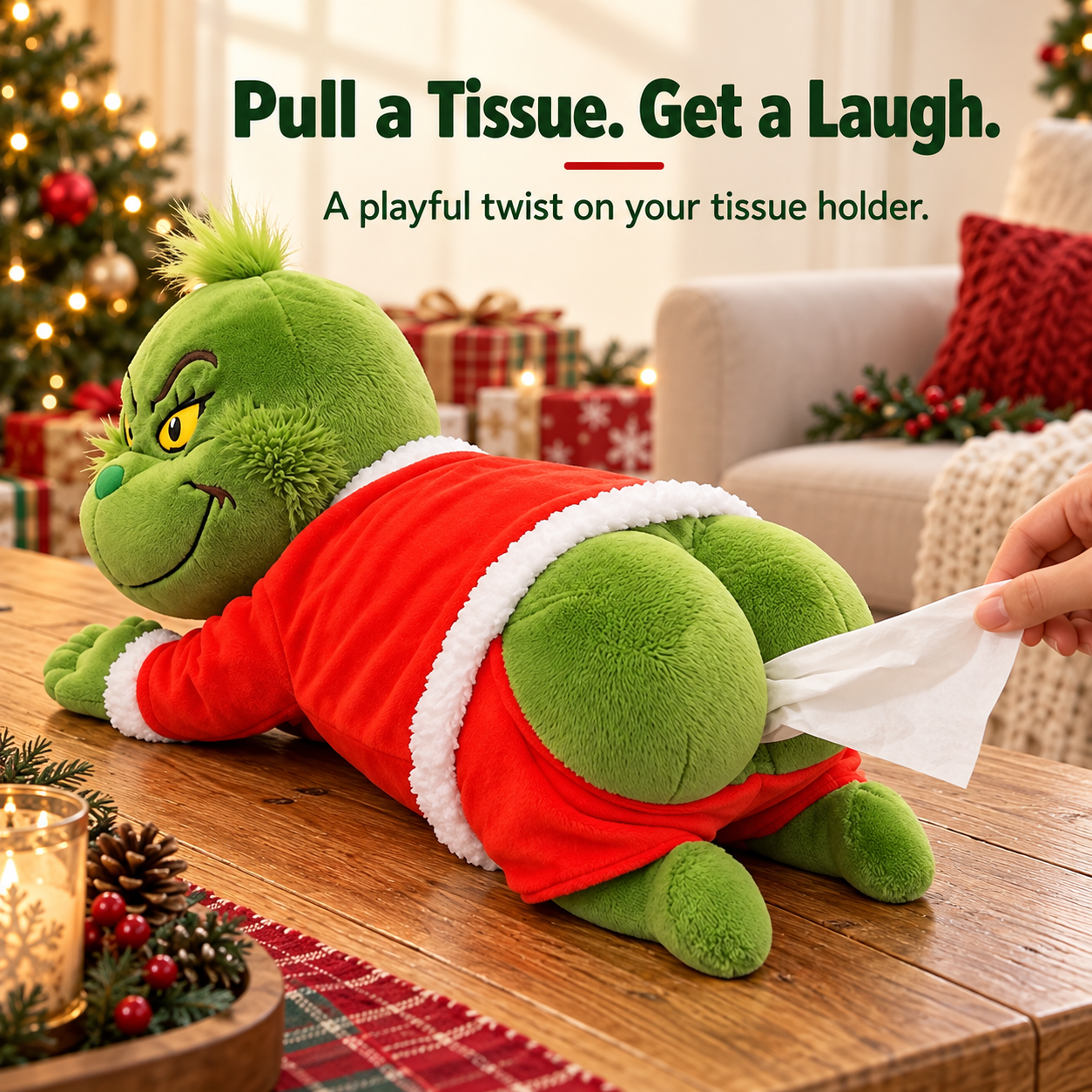 Rear tissue dispensing detail of the green plush holiday tissue box cover