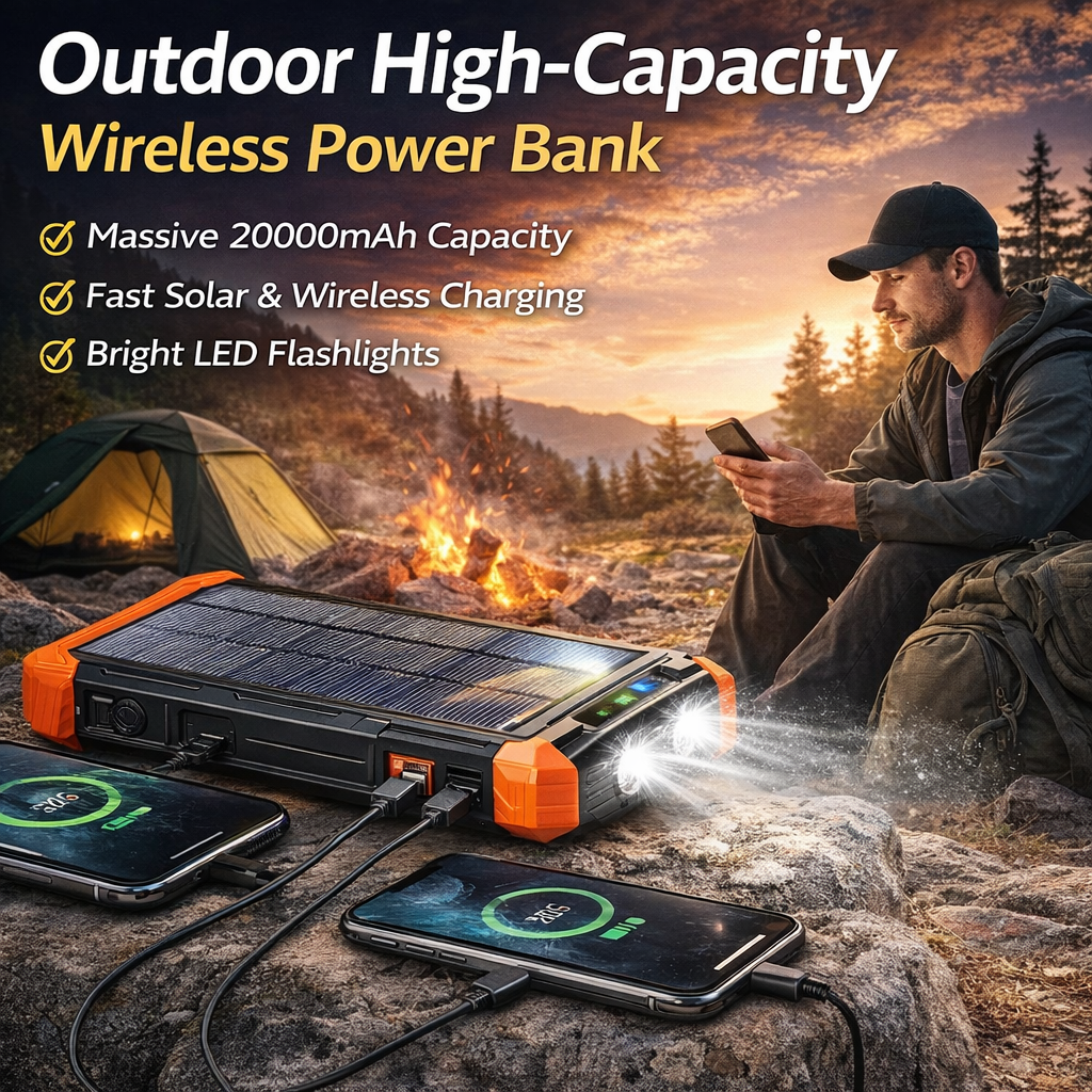 Outdoor High-Capacity Wireless Power Bank with LED Solar