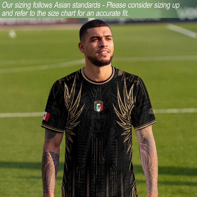 Mexico Soccer Jersey Black Aztec Warrior Gold Feather Design