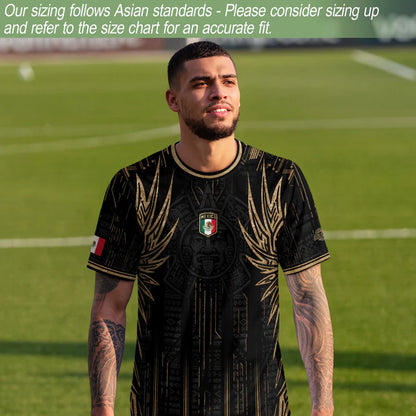Mexico Soccer Jersey Black Aztec Warrior Gold Feather Design